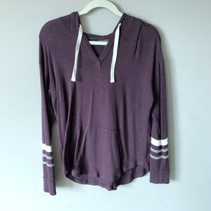 Soft & Cozy - Long Sleeve Top - Purple w/ Stripes on Sleeve - Tie Neck & Hood